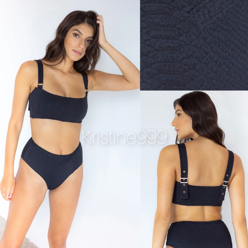 Revel Rey Hunter Bikini Set in Black Snake Textured Fabric Hammered Gold Detail
